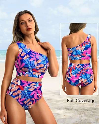 Image of Holipick Women One Shoulder High Waisted Bikini Sets Two Piece Swimsuit Tummy Control Bathing Suit Full Coverage Swimwear
