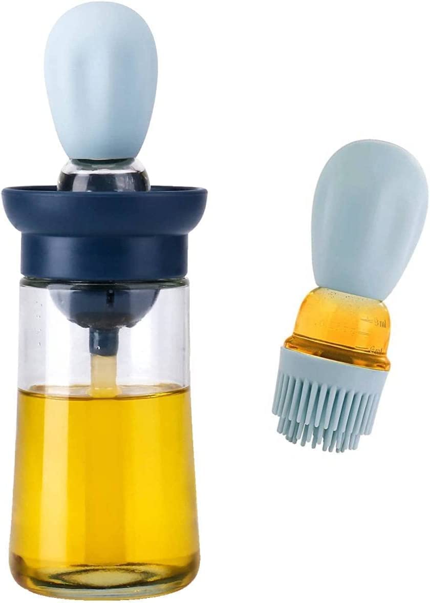 KY-MOCRIS Glass Olive Oil Dispenser Bottle, Oil Dispenser Bottle with Silicone Brush 2 In 1, Dropper Measuring Oil Bottle for Kitchen Baking BBQ Grill Pastry Brush (Blue)