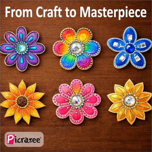 Image of PICRAZEE DIY Flower Painting Kit for Kids | 6 Pine MDF Flower Cutouts (5.5 mm Thick) with Acrylic Colors, Brushes, Palette & Magnets | Wooden Art & Craft Creative Activity Toy