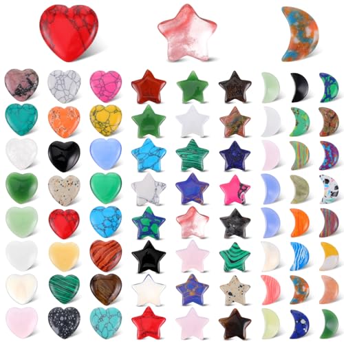 Hpmjz 72 Pieces Bulk Thumb Worry Stones Star and Moon Crystals Heart-Shaped Polished Palm Gemstone Natural Assorted Crystals for Meditation Reiki Balancing Supplies DIY Decor