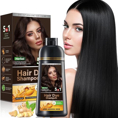 Champú tinte negro 5 en 1 para cubrir las canas, champú natural con ingredientes herbales, tinte negro para mujeres y hombres, sin amoniaco, 500 ml (Natural Black)