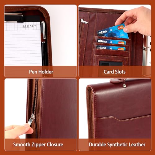 KINEATHER Pasta profissional de negócios A4, portfólio com fichário de 4 anéis, carteira de couro PU