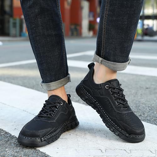 Men's Genuine Leather Lace Up Casual Loafers Handmade Stitching Round Toe Soft Sole Outdoor Fashion Sneakers Comfortable Lightweight Dress Walking Shoes for Driving Business Working4