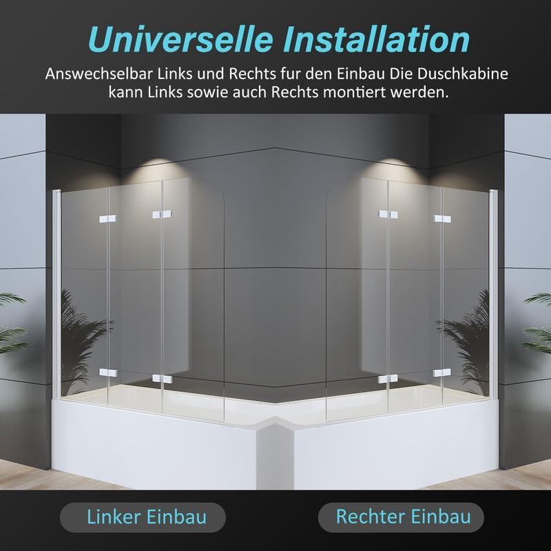 Duschwand für Badewanne 120x140cm Duschabtrennung, 3-Teilig Faltbar klar Badewannenaufsatz, Duschtrennwand mit 6mm NANO ESG Sicherheitsglas, Badewannenfaltwand in Weiß Alu