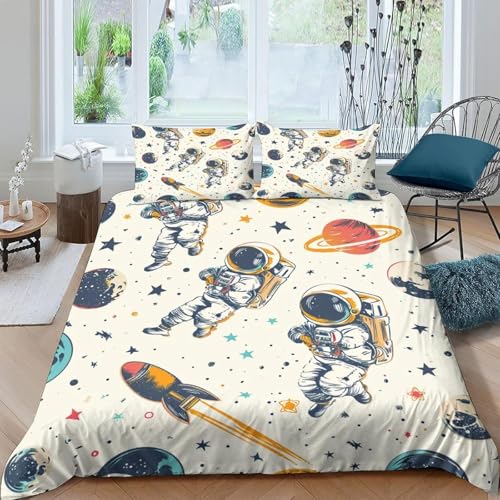 Tabeskly Kids Boy Astronaut Space Rocket Soft Zipper Bed Bedding Duvet Cover Set Single Beige 135200cm - Image 2
