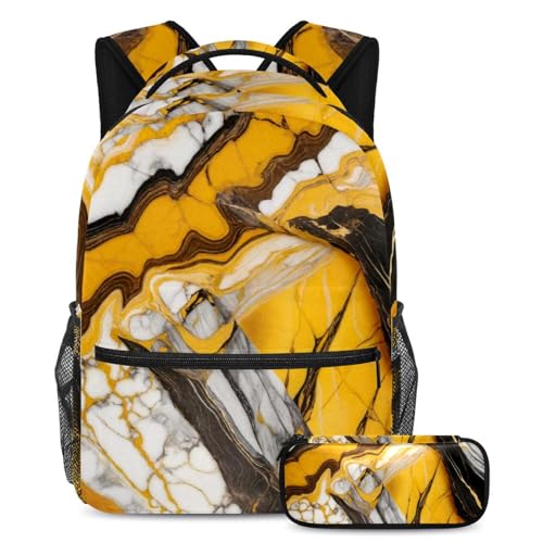 Cartable jaune marbre et trousse pour école ado garçon fille 29x20x40cm