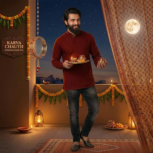 Image of Men's Cotton Regular Short Kurta | Casual & Ethnic Wear with Long Sleeve