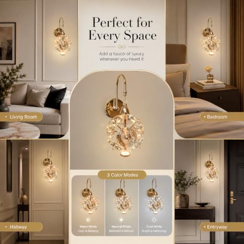 Image of Smartway Flux Crystal 10 Watt LED Wall Lamp - Modern Gold Wall Light, Crystal Globe Design, 3 Color Modes (Warm /Natural /Cool) | Wall Mounted Bedside Lamp (Petal)