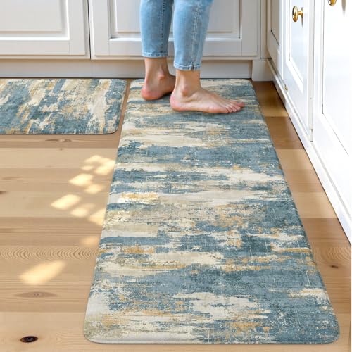 Collive Anti Fatigue Mats for Kitchen Floor, Bule Kitchen Rugs Sets of 2