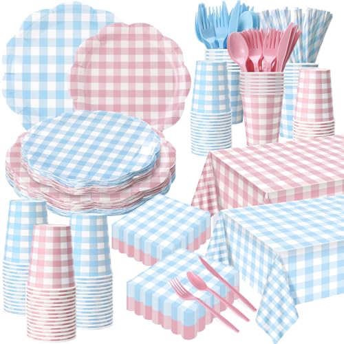 Image of Funnymoom 452 Pcs Gender Reveal Gingham Party Decoration for 50, Pink and Blue Gingham Checkered Paper Plates Napkins Cups Tablecloth Cutlery Straws for Gender Reveal Baby Shower Party Supplies