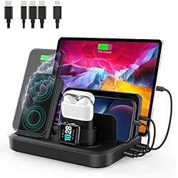 Cargador De Tablet Inalambrico Seenda - Estación de carga para varios dispositivos, cargador USB múltiple 6 en 1, soporte inalámbrico rápido para tabletas, smartphones, iPhone, iPad, Apple Watch, AirPods, Black