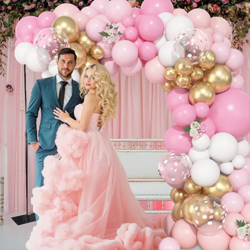 Image of Ouddy Life 157 Pcs Pink and White Balloons Arch Kit, Pink Gold Birthday Decorations for Women Girls, Pastel Pink Chrome Gold Latex Balloon Wedding Party Gender Reveal Anniversary Mothers Day