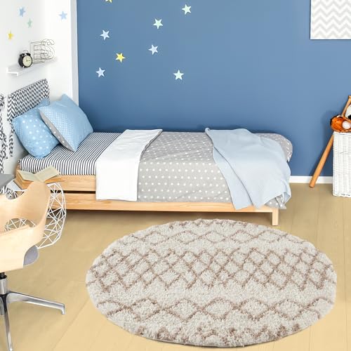THE RUGS Modern Moroccan Design Living Room and Bedroom Rugs, Non-Shedding & Easy Care (Tangier Ivory/Beige, 120 cm Round) - Image 3