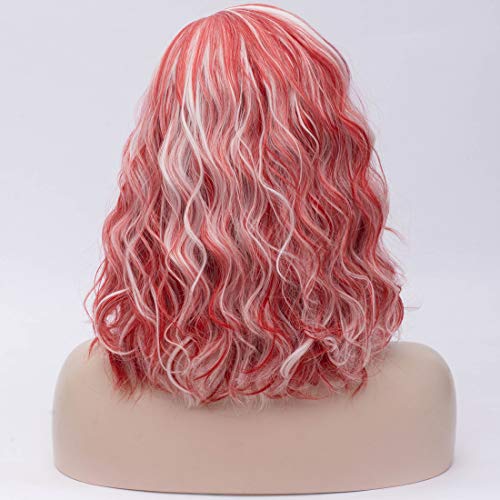 Image of BERON Red and White Wigs for Women Girls White Mixed Red Short Curly Wavy Wig Color Shoulder Length Body Wave Halloween Cosplay Daily Party Wigs