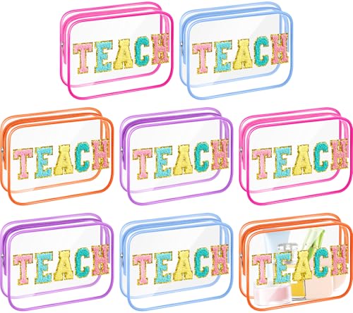 Kacctyen 8 Pcs Clear Makeup Bag Bulk Summer Beach Sunscreen Pouch Waterproof Toiletry Cosmetic Zippered Organizer with Preppy Chenille Letter Patch (Beach,Clear,Blue,Purple,Rose Pink,Orange)