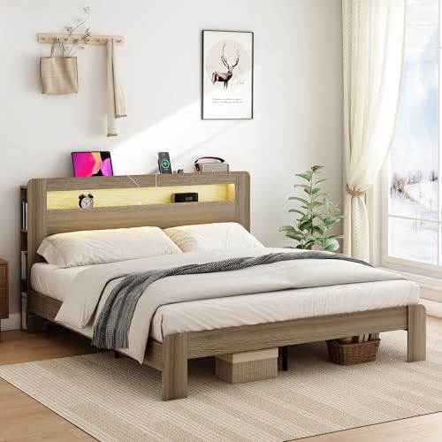 SAMTRA Wooden Bed Frame Queen Size with Headboard & Storage
