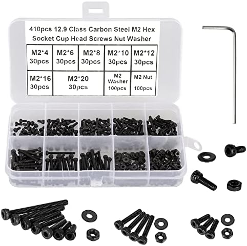HanTof 410Pcs Small Hex Socket Head Cap Screws, Black Grade 12.9 Alloy Steel, M2 x 4/6/8/10/12/16/20mm Tiny Allen Head Machine Screws, Nuts and Washers Assortment Kit with Allen Key, Fully Threaded