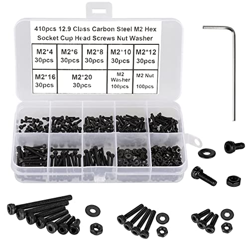 Hantof 410Pcs Small Hex Socket Head Cap Screws, Black Grade 12.9 Alloy Steel, M2 X 4/6/8/10/12/16/20Mm Tiny Allen Head Machine Screws, Nuts And Washers Assortment Kit With Allen Key, Fully Threaded #TOP2