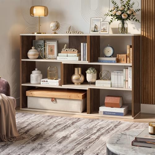 Image of ABOUT SPACE Book Shelf for Home Library-Rectangle /L-Shaped Rack for Storage 2 Ways 6 Compartment Book Stand Shelf for Bedroom, Livingroom Decor, Plants and Books (Oak White&Walnut-L128 x B30 x H85 cm)