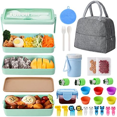 30 PCs Bento Box Lunch Box Kit, Japanese Lunch Box Set 3-in-1 Compartment w/ Soup Cup, Sauce Can, Spoon Fork, Cake Cups, Fruit Picks, Cookie Cutters, Snack Bags...Leakproof Lunch Container Lunch Bag for Kids Adults