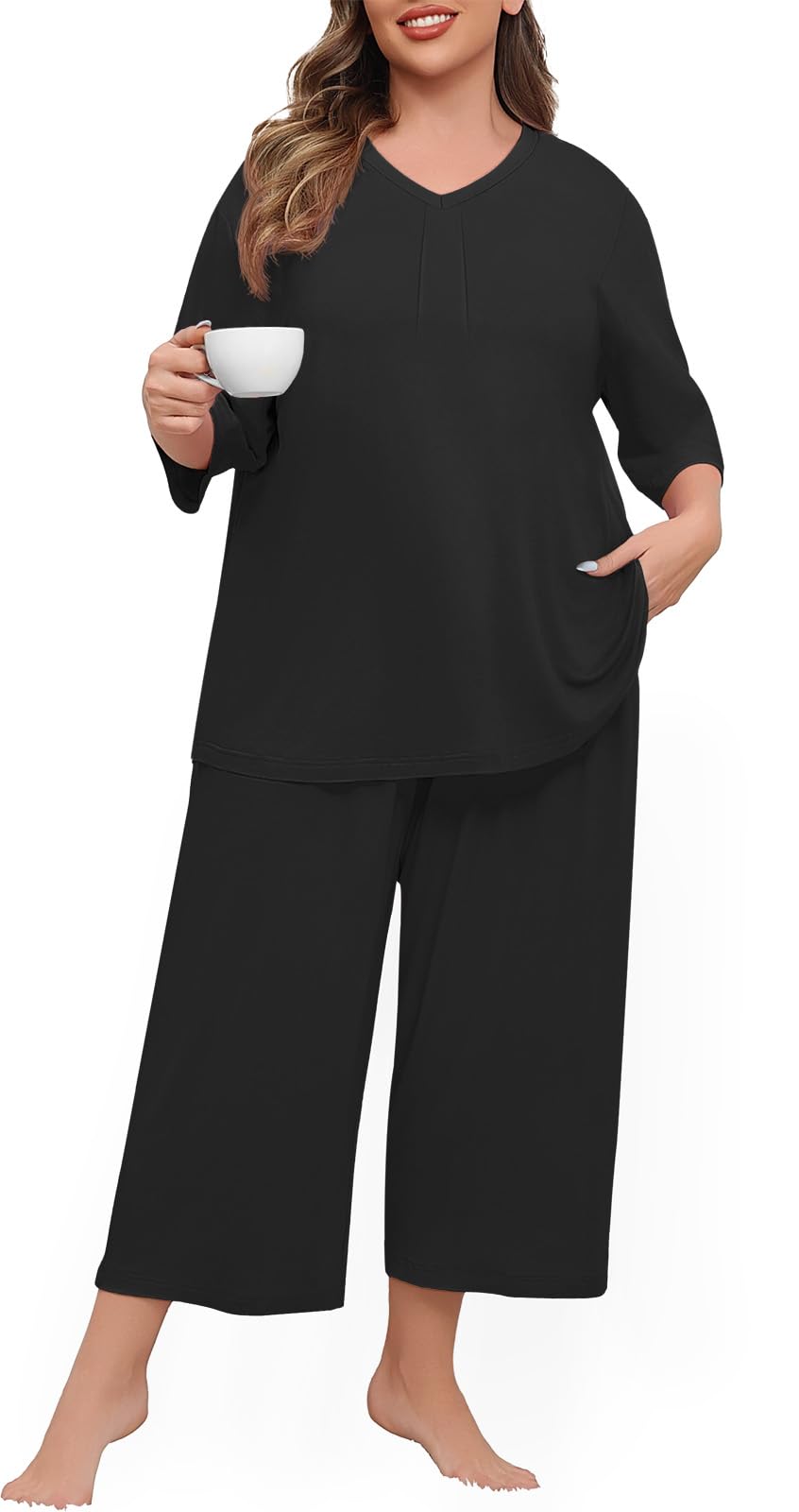 Lastshe Women's Plus Size Pajama Set 2 Piece V Neck Capri Pants Loungewear with Pockets Knit Soft Pjs Sleepwear