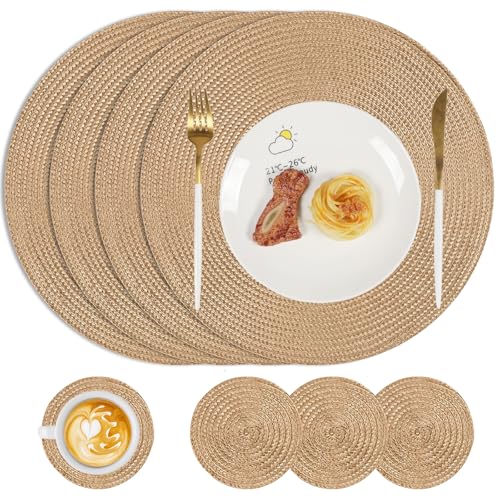 Famiaby Placemats and Coasters Set of 4 Round Woven Table Mats Washable Heat Resistant Place Mats Non Slip Coffee Dinner Mats and Coasters for Kitchen Dining Table