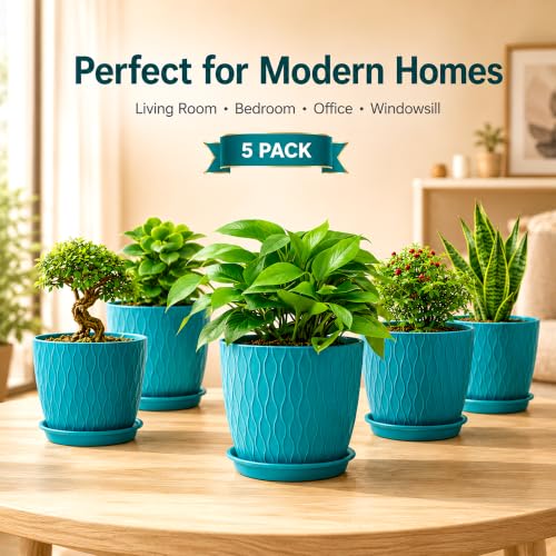 Image of SWAPKART (Pack of 5 6 Inch Plastic Flower Pots for Indoor & Outdoor Terrace,Garden Plants Decorative Planters with Drainage Holes & Matching Saucers Durable & Lightweight (Peacock)
