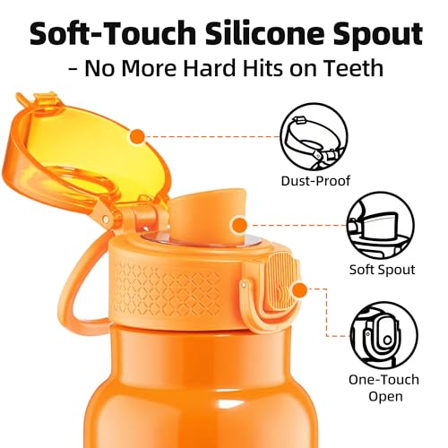 Image of Fanhaw 24 oz Insulated Water Bottle with Soft Silicone Spout Lid, Leakproof Stainless Steel Vacuum Bottle for School, Sports& Daily Use, Kids, Teens& Adults, Back to School Essentials (Herorange)