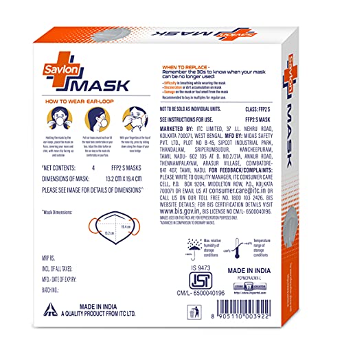 Image of Savlon Mask, Adjustable Earloop Grey, BIS Certified FFP2 S Mask, comparable to N95, Pack of 4