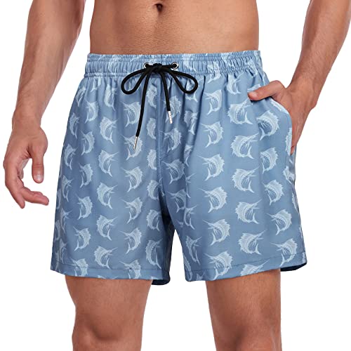 Narecte Mens Swim Trunks 5" With Compression Liner Quick Dry Board Shorts Men's Swimming Trunks With Zipper Pocket Blue Sailfish M #TOP1