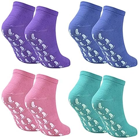 4 Pairs Non Slip Socks, Yoga Socks for Women, Anti Slip Cotton Socks with grips, Anti Skid Ankle Socks with Silicone Dot for Pilates Dance Workout Sports, UK 4-9 (Purple+Cyan+Blue+Pink) Cover