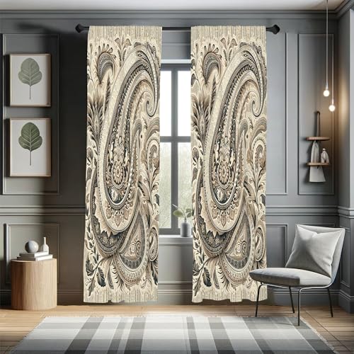 Ambesonne Paisley Curtains, Bohemian Design Creamy Neutral Colored Ornament Ethnic Floral Leafy, Window Treatments 2 Panel Set for Living Room Bedroom, Pair of - 28" x 63", Ivory Pale Sepia Dimgray