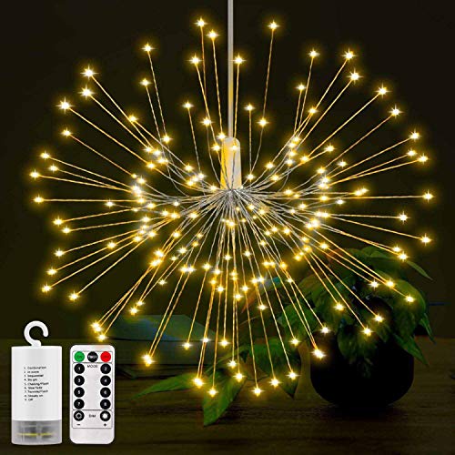YoMaris B07J31NV1R LED String Batteriebetrieben Hängende Starburst 150LEDS, 8 Modi Dimmbar mit Fernbedienung, IP65 Wasserdicht, Dekorative Kupferdraht Lichter für Party.(Warmweiß)