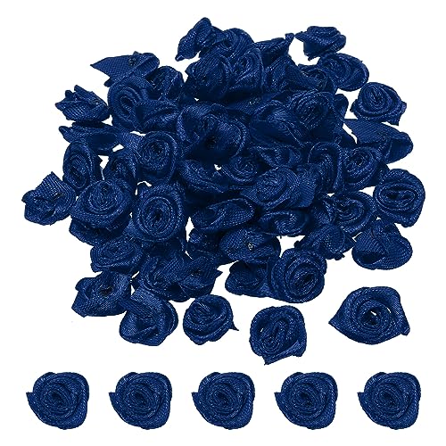 PATIKIL 0.6" Mini Satin Ribbon Roses, 50 Pcs Tiny Fabric Flowers Embellishments Rosettes Applique for DIY Crafts and Wedding Navy Blue