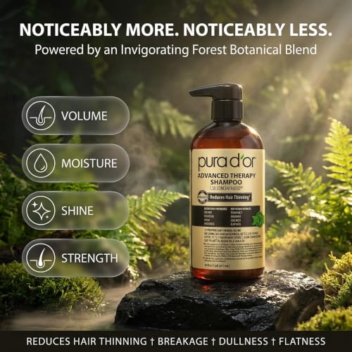 Image of PURA D'OR Advanced Therapy Shampoo Reduces Hair Thinning & Increases Volume, No SLS, Biotin Shampoo Infused w /Argan Oil, Aloe Vera for All Hair Types, Men & Women, Invigorating Forest Scent 16 Fl Oz