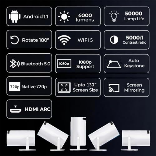 Image of Portable Smart Mini Projector, 4K 1080P Full HD Projector Supports Netflix, Prime and YouTube Etc. WiFi 5G, BT-5.0, Cinema Projector 180 Android 11, Compatible with TV Stick /Windows /iOS /Android