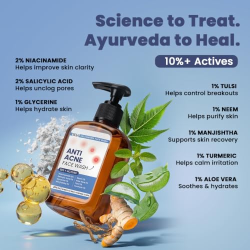 Image of SESA VEDSCIENCE 2% Salicylic Acid, 2% NiacinamideOil Control Face Wash, 200 ml | 10%+ Actives with Neem, Aloe Vera & Tulsi | Helps Control Excess Oil, Cleanse Pores & Reduce Breakouts | For Brighter & Clear Skin