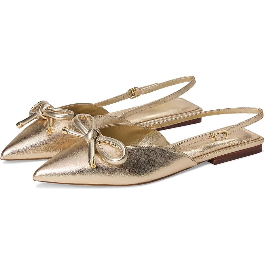 Slingback Flats for Women Gold Pointed Toe Elegant Ballet Flats with Buckle Strap Comfortable Bow Dress Shoes