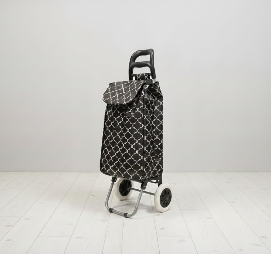 Image of KriShyam Foldable Shopping Trolley Cart with Pattern Design | Large Capacity Grocery Cart with Wheels | Durable Fabric Utility Cart | Lightweight Portable (2 WHHEL Black (Geometric Print))