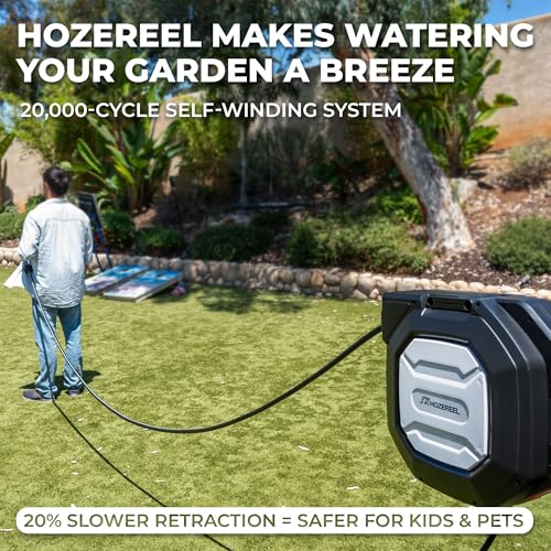 Image of 5 /8 inch x 100 ft Heavy Duty Retractable Hose Reel, Slow Self Retract Wall Metal Mount UV Resistant Garden Hose Reel, Any Length Lock 180 Swivel, 10 Pattern Nozzle (Black)
