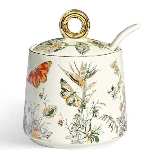 JUSONEY Ceramic Sugar Bowl with Lid and Spoon with Floral Pattern Gold Trim - 7.5oz Elegant Sugar Jar with Lid and Spoon Nordic Style for Kitchen Dining Cafe Gift Idea (B)