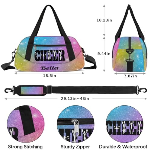Personalized Custom Girls Dance Bag, Custom Name Sports Gym Bag Kids Duffel Bags Customized Travel Duffel Bag Overnight Weekender Sleepover Tote Bag for Girls, Colorful Glitter Cheer3