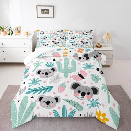 Image of Feelyou Cartoon Koala Comforter Queen, Cute Koala Bear Comforter Set for Kids Boys Girls Kawaii Animals Comforter Set Tropical Plants Duvet Set Durable Quilt Set