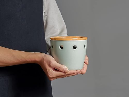 Miniatura 9 de ONEMORE Porta ajos grande con tapa, recipiente de ahorro de ajo de cerámica de 12.7 cm, porta ajos para mostrador, verde claro