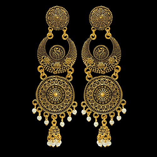 Image of Nakabh Traditional Gold Plated Oxidised Alloy Jhumki Earrings for Women Stylish