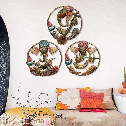 Image of PEDEX Set Of 3 Iron Lord Ganesha Playing Instruments Wall Hanging Sculpture Decorative Religious Showpiece for Home Wall Decor, Pooja Room, Temple & House Warming Gift (18X18 Inch Each)