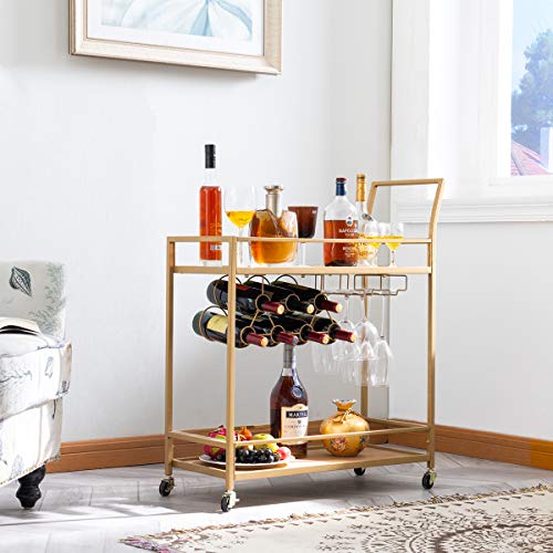 Jbbcn Bar Cart For The Home, Bar Serving Cart On Wheels With Wine Rack And Glass Holder, Kitchen Living Room Storage Cart, Wood& Metal Material, Golden Finish #TOP6