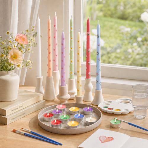 MTLEE 90 Pcs DIY Candle Painting Kit Include 8 Pastel Taper Candles 70 Colored Tealight Candles 12 Paint Brushes for Tea Party Centerpiece Crafts Birthday Wedding Party Favors