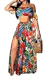 Sexy 2 Piece Outfits Dress for Women Chiffon Off Shoulder Tube Top High Split Long Skirt Set Summer Bikini Cover Ups with Bandage（Large） Red/Floral