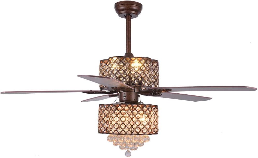 WUPYI Crystal Chandelier Ceiling Fan with Light Kit,52 Inch Creative Design Ceiling Light Fan 5 Wood Reversible Blades with Remote Control 3 Speeds